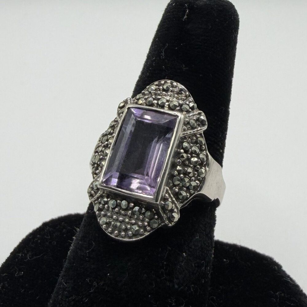 Vintage 925 Sterling Silver Amethyst Marcasite Statement Ring Size 8 Art Deco